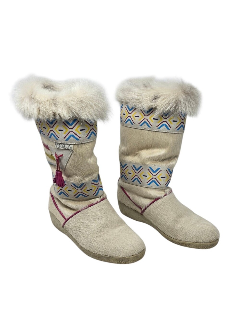 Vintage Tecnica Italy Cream Fur Après Ski Boots US 8.5 Southwestern Tassels
